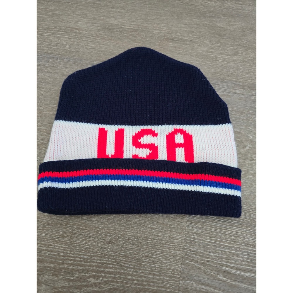 Vintage USA Knit Beanie Hat Red White Blue Patriotic Cuffed Winter Stocking Cap‎